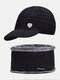2 पीसी पुरुष ऊन बुना हुआ ठोस रंग पत्र धातु लेबल Plus मखमली गर्मी लोचदार समायोज्य बेसबॉल कैप बिब स्कार्फ सेट - काला सेट
