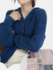 Plus Size Solid Knitted Drawstring Button Hooded Cardigan - Blue