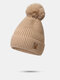 Women Knitted Solid Color Cartoon Elk Embroidered Fur Ball Decoration Plus Velvet Warmth Beanie Hat - Khaki