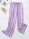 Women Solid Color Casual Comfortable Home Wide Legs Drawstring Panty - Purple