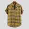 Mens Vintage Wave Point Stand Collar Short Sleeve Loose Casual Shirts - Yellow