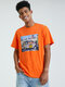 Men Casual Car Graphic Print Soft T-Shirt - Orange
