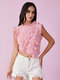 Camiseta sin mangas corta con dobladillo irregular y sin mangas con volantes y estampado floral - Rosado