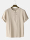 Mens Cotton Linen Chinese Frog Button Solid Loose Half Sleeve T-Shirts - Khaki