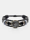Hand-Woven Leather Bracelet Cat Round Glass Print Head Multi-Layer Women Bracelet - Black