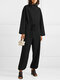 Solid Color Plain Knitted Drawstring Long Sleeve Casual Jumpsuit for Women - Black