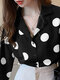 Dot Print Long Sleeve Lapel Women Button Down Shirt - Black