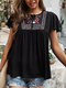 Women Ethnic Pattern Embroidery Short Sleeve O-neck Vintage Loose Blouse - Black