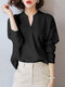 Women Solid Stand Collar Long Sleeve Blouse - Black