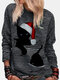 Christmas Cat Print Striped O-neck Long Sleeve Sweatshirt - Black