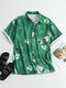 Lapela de manga curta com estampa de flores tie-dye bolso botão solto Camisa - Verde escuro