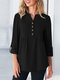 Solid Button Front Pleated Long Sleeve Casual Blouse - Black