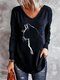Women Cat Print V-Neck Casual Long Sleeve T-Shirt - Navy