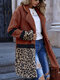 Leopard Stitch Open Front Plush Lapel Long Sleeve Coat - Orange
