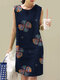 Women Flower Print Sleeveless Crew Neck Vintage Dress - Blue