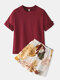 Women Softies Pajamas Short Set Print Bottom Casual O-Neck Sleepwear With Plain Fungus Trim Sleeve Top - Red