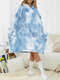 Women Thicken Fleece Sweatshirt Tie-Dye Warm Loose Plush Blanket Hoodie With Large Front Pocket - Blue