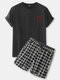 Mens Heart Chest Print Black T-Shirt & Plaid Shorts Drawstring Shorts Home Pajama Sets - Black