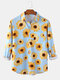 Mens Sunflower Print Casual Holiday Lapel Long Sleeve Shirts With Pocket - Blue