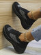 Plus Size Women Casual Breathable Mesh Rhinestone Lace Up White Wedges Sneakers - Black
