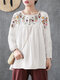 Vintage Flowers Embroidery Long Sleeve Plus Size Blouse - White