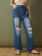 Ripped Pocket Single Breasted Straight Leg Denim Jeans - Blue