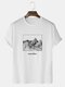 Mens Mountain Pattern Letter Print Short Sleeve 100% Cotton T-Shirt - White