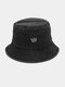 Unisex washed Made-old Cotton Solid Color Crown Pattern Embroidery Simple Bucket Hat - Black