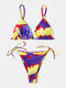 Women Tie Dye Thong Bikini Triangle String Backless Swimsuit - Yellow