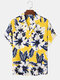Mens Flower Print Revere Collar Holiday Short Sleeve Shirts - Yellow
