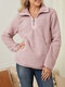 Contrast Color Zip Front Plush Pocket Long Sleeve Sweatshirt - Pink