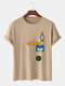 Mens Cartoon Astronaut Rocket Print O-Neck 100% Cotton T-Shirt - Khaki
