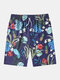 Mens Tropical Plants Print Holiday Loose Drawstring Shorts - Blue