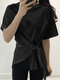 Twisted Designed Lace Up Crew Neck Short Sleeve Blouse - Black