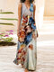 فستان ماكسي بياقة على شكل V بدون أكمام بطبعة أوراق الزهور - اللون الرمادي