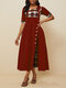 Women's Plaid Patched Irregular Pleated Short Sleeves Maxi Dress - Wine Red