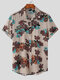Мужская хлопковая льняная этническая цветочная печать Рубашка - Хаки