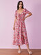 Flower Print Tie Front Slit Short Sleeve Square Collar Dress - Pink