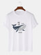 Mens Cotton Cartoon Shark Print Loose Light O-Neck T-Shirts - White