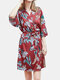 Plus Size Women Faux Silk Smooth Flower Printed Half Sleeves Robes Sleepwear With Belt - Red