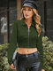 Women Solid Color Zip Front Lapel Long Sleeve Crop Top - Green