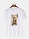 Mens Japanese Noodle Cat Graphic Short Sleeve Cotton T-Shirts - White