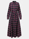 Plaid Print Knotted Long Sleeve Lapel Casual Dress For Women - Black