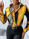 Contrast Color Leopard Print Long Sleeve Lapel Button Shirt - Yellow