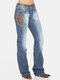 Ethnic Embroidery Solid Color Casual Jeans For Women - Blue