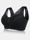 Wireless Rose Lace Zip Front Soft Gather Breathable Cotton Lining Wide Shoulder Straps Sleep Bras - Black
