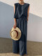 Solid Color Sleeveless Wide Leg Casual Two Pieces Suit - Navy