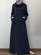 Solid Color Pockets Long Sleeve Casual Maxi Muslim Dress - Navy