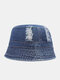 Unisex Denim Ripped Hole Trendy Outdoor Sunshade Foldable Bucket Hats - Dark Blue
