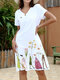 Cartoon Flower Print V-neck Button Short Sleeve Dress For Women - White